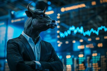 Aufkleber - A bull wearing a suit stands confidently in a busy trading center, with a stock market chart visible in the background. The image is a dynamic representation of market forces