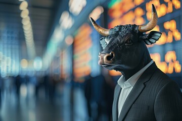 Poster - a black bull wearing a tailored suit stands confidently in a bustling trading center. the bulls horn