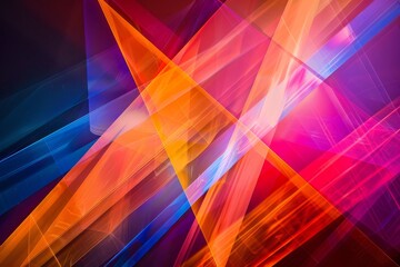 Poster - A vibrant abstract composition featuring intersecting beams of light in shades of orange, blue, and pink against a dark background