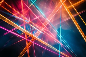 Poster - Abstract composition featuring colorful neon light beams intersecting against a dark background, creating a dynamic and visually engaging image