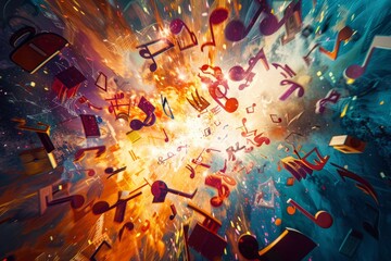 Poster - An overhead photo of an abstract background with music notes exploding outwards in a colorful explosion