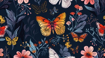 Wall Mural - Pattern featuring butterflies and flowers without any visible seams
