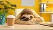 © Marko - tired sloth sleeping at the table in the office. fatigue, laziness and slowness at work