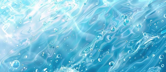 Wall Mural - Abstract summer banner background featuring transparent blue water surface, with ripples, splashes, and bubbles, creating a soothing and refreshing aesthetic for your cosmetics advertisement.