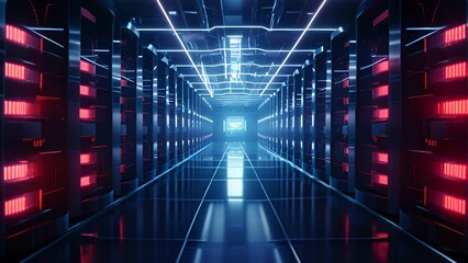 Poster - A bustling data center filled with rows upon rows of servers, their lights blinking in a mesmerizing rhythm.