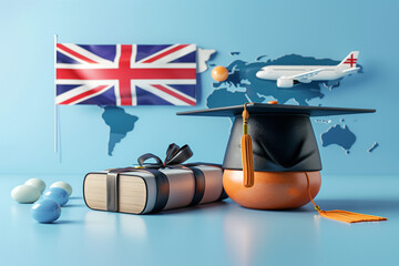 Wall Mural - graduation hat, book and plane on blue background with uk flag 3d illustration