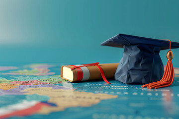 Wall Mural - Graduation cap and globe on blue background, education and learning concept