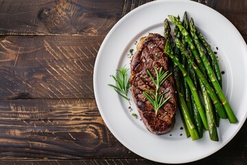 Wall Mural - A perfectly grilled beef steak and roasted asparagus spears are plated on a white plate, with copy space to the right