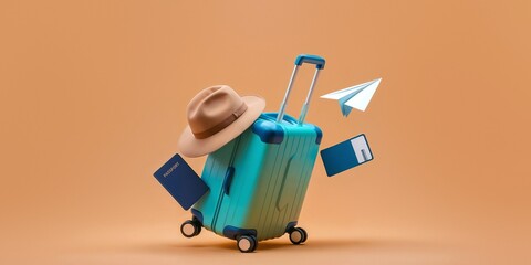 Suitcase, turquoise blue, hat, paper plane, passport and minimalist 3d boarding pass on an orange background. Travel and tourism concept. Copy Space. Wide view.