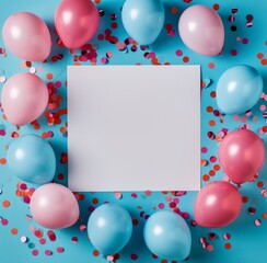 Canvas Print - Blue and Pink Balloons Surrounding White Card on Blue Background With Confetti