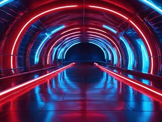 Poster - A futuristic tunnel with red and blue neon lights