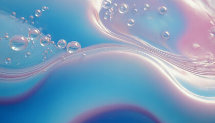 Poster - A close-up photograph of bubbles floating on the surface of a blue and pink liquid. The bubbles are round and transparent, and the liquid is rippling