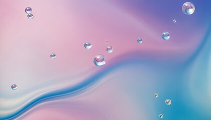 Poster - A photo of water droplets floating on an abstract background of blue and pink hues