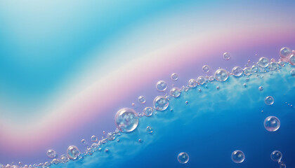 Poster - A photograph of water bubbles floating on the surface of a liquid with a blue and pink gradient background