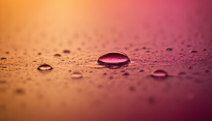 Poster - A single water droplet sits on a textured surface, reflecting the colors of a sunset