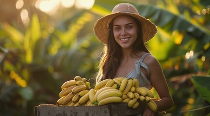 Wall Mural - Young Woman Harvesting Ripe Bananas in a Tropical Orchard at Sunset