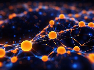 Poster - A close-up abstract image of a network of orange spheres connected by blue lines