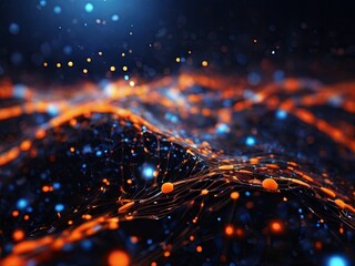 Poster - A digital abstract landscape with a dark background and orange and blue glowing particles