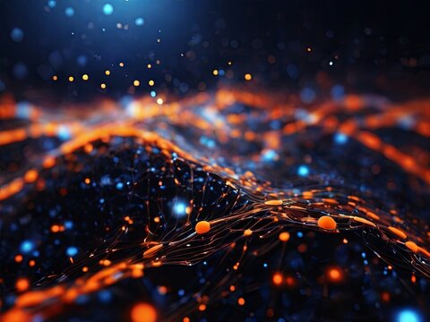 A digital abstract landscape with a dark background and orange and blue glowing particles