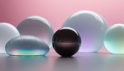 Poster - A group of glass spheres in various colors and a single glass disc are arranged on a pink background