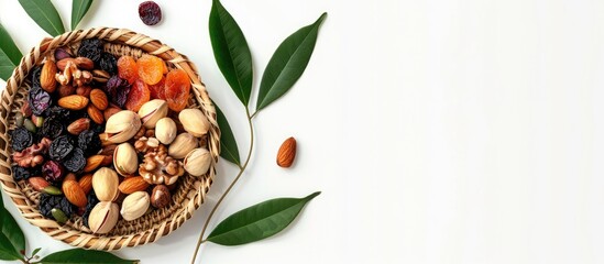 Wall Mural - A wicker plate filled with dried fruits and nuts, adorned with a young green leafy branch, symbolizing the Jewish holiday Tu Bishvat against a white background with space for text.