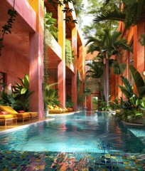 Wall Mural - Modern Tropical Resort Swimming Pool With Orange Walls and Lush Greenery