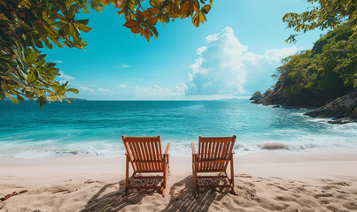 Sun lounger on a tropical sandy beach. Relaxation and tranquility. Sun lounger among palm trees. Vacation, summer vacation and tourism concept.