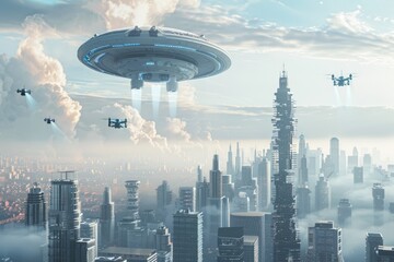 Wall Mural - A futuristic city with tall, sleek buildings and a large flying object hovering in the sky. Smaller drones fly around the object, creating a sense of technological advancement