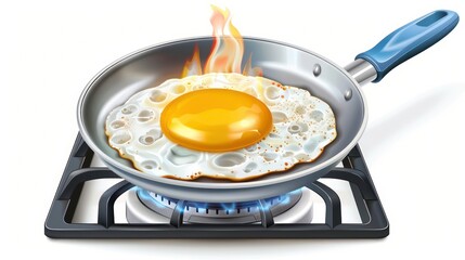 Modern illustration of scrambled eggs in frying pan on gas stove isolated on white background. Delicious homemade breakfast on lighted gas burner. Generative AI