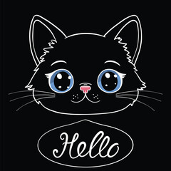 Wall Mural - Cute black kitten face, Hello slogan text for t-shirt graphics, fashion prints and other uses