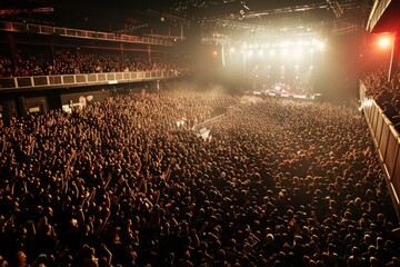 Wall Mural - A wide-angle shot captures a massive crowd of concertgoers enjoying a live music performance in a large venue