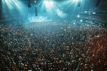 Wall Mural - A wide angle shot captures a massive crowd of people gathered at a concert venue enjoying live music. The lights are bright and the atmosphere is electric