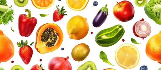 Wall Mural - Bright and colorful fruits and vegetables arranged in a seamless horizontal pattern on a white background.