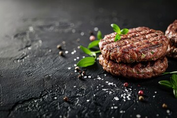 Wall Mural - A close-up shot of two cooked ground beef patties, seasoned with salt and pepper, and garnished with fresh herbs, on a black textured background