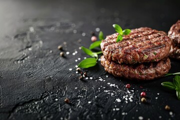 Sticker - A close-up shot of two cooked ground beef patties, seasoned with salt and pepper, and garnished with fresh herbs, on a black textured background