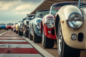 Wall Mural - A row of classic cars, each with its own unique charm, are lined up at the starting line, ready for a thrilling race day