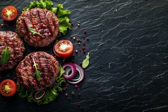 Three cooked beef patties with grill marks, surrounded by lettuce, tomato, and onion slices on a black slate background