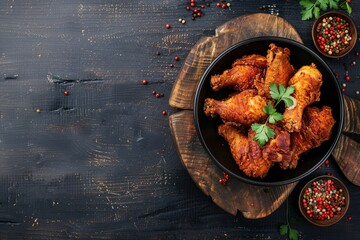 Wall Mural - Close-up top-down view of crispy fried chicken drumsticks on a black plate, against a dark wooden background. Garnished with parsley for color and freshness