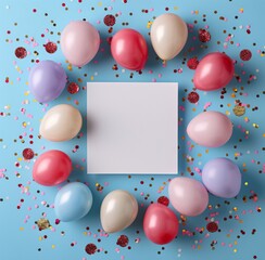 Canvas Print - Colorful Balloons and Confetti Surrounding a White Card on a Blue Background