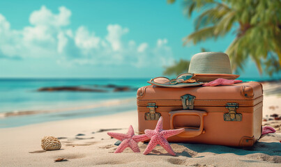 Suitcase on the beach. Vintage suitcase, hat, passport and starfish on a tropical sea or ocean background. Summer holiday on the beach. Travel concept