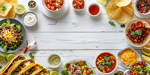 Wall Mural -  meal of tacos and salsa, with a white wooden table and a variety of salsa ingredients in the background.