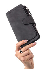 Wall Mural - Close-up of female hand elegantly holding textured vibrant black suede wallet with multiple compartments isolated against white background. Concept of brightness and individuality in personal style