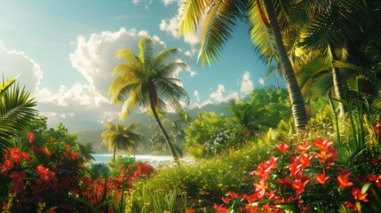 Wall Mural - Highlighting the beauty of a lush tropical landscape, with palm trees swaying in the breeze and vibrant flowers in bloom 