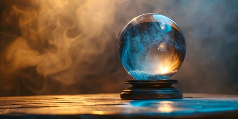 glass ball with smoke coming out of it and a light behind on table