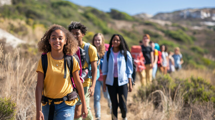 A scenic telephoto angle capture of LGBTQ+ youth hiking on a school field trip, their diverse appearances blending harmoniously with the natural landscape, environmental scientists