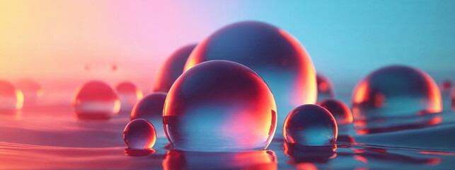 Poster - A close-up shot of colorful glass spheres floating on a rippling water surface, illuminated by a warm, vibrant sunset