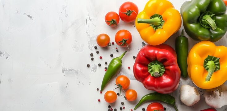 group of peppers and other vegetables on a white surface