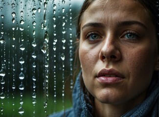 Canvas Print - A young woman gazes longingly out of a rain-streaked window. AI.