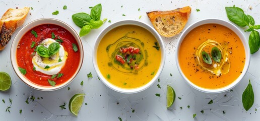 Wall Mural - Three Delicious Bowls of Homemade Soup With Basil and Cream