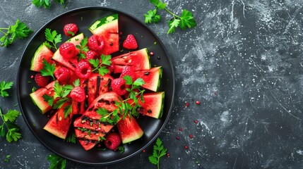 Wall Mural - Grilled watermelon and raspberries with parsley on a black plate viewed from above with space for text